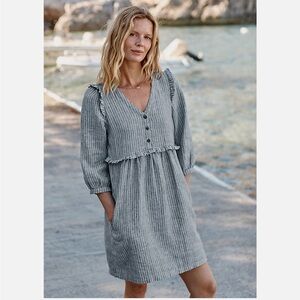 Garnet Hill Linen Blue Striped Dress with Ruffle Details Size 10